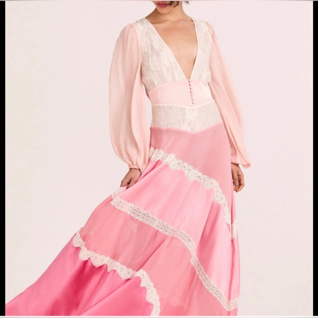 Loveshackfancy Kinsler Dress New Tags 2 Boho Satin Lace Paneled Colorblock